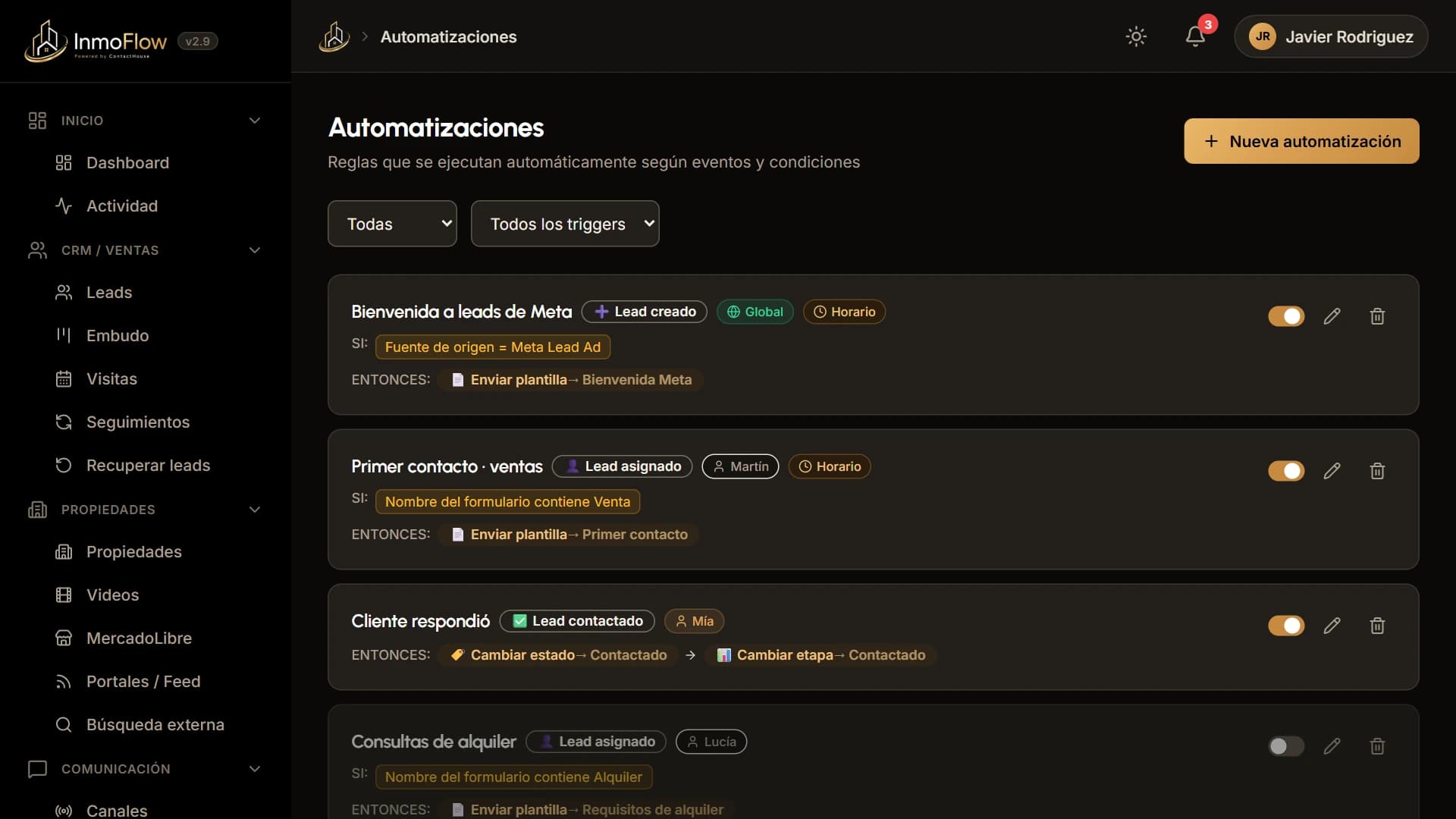 Lista de automatizaciones de InmoFlow con sus horarios