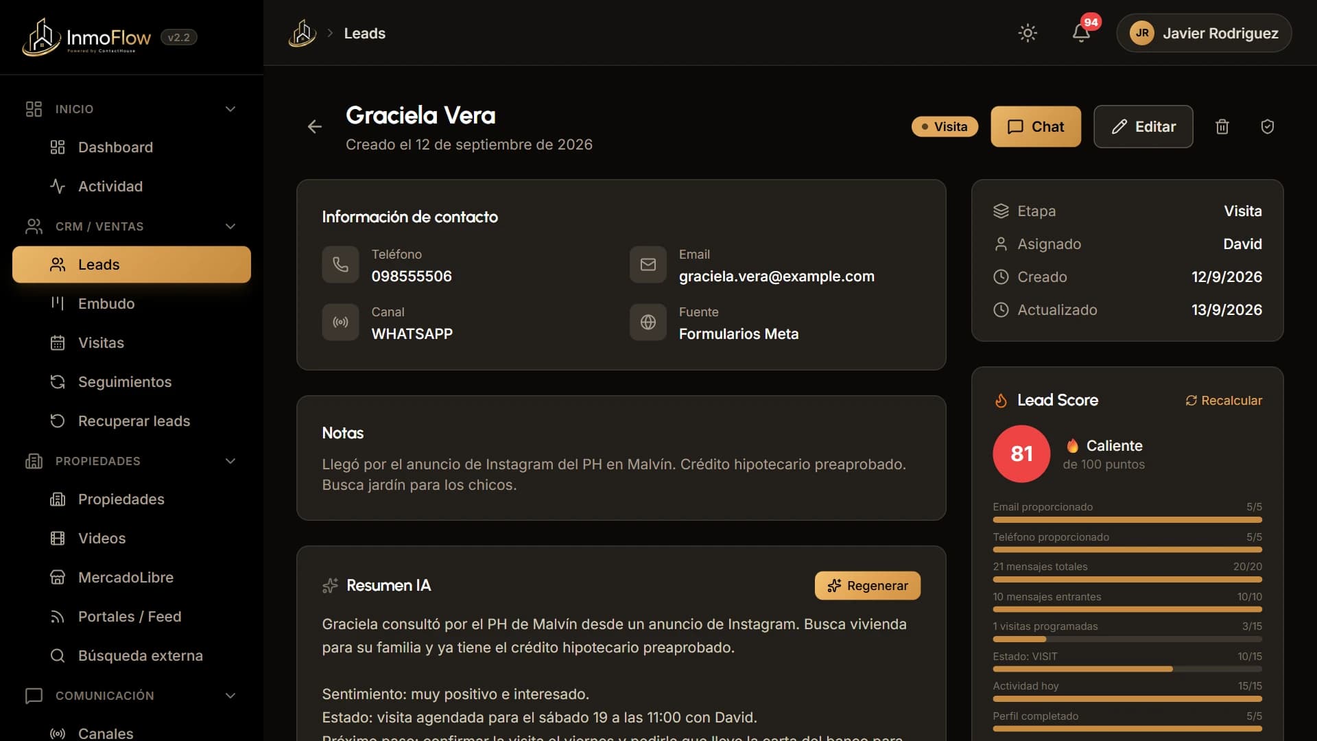 Ficha de un lead con su puntaje, su resumen y su historial