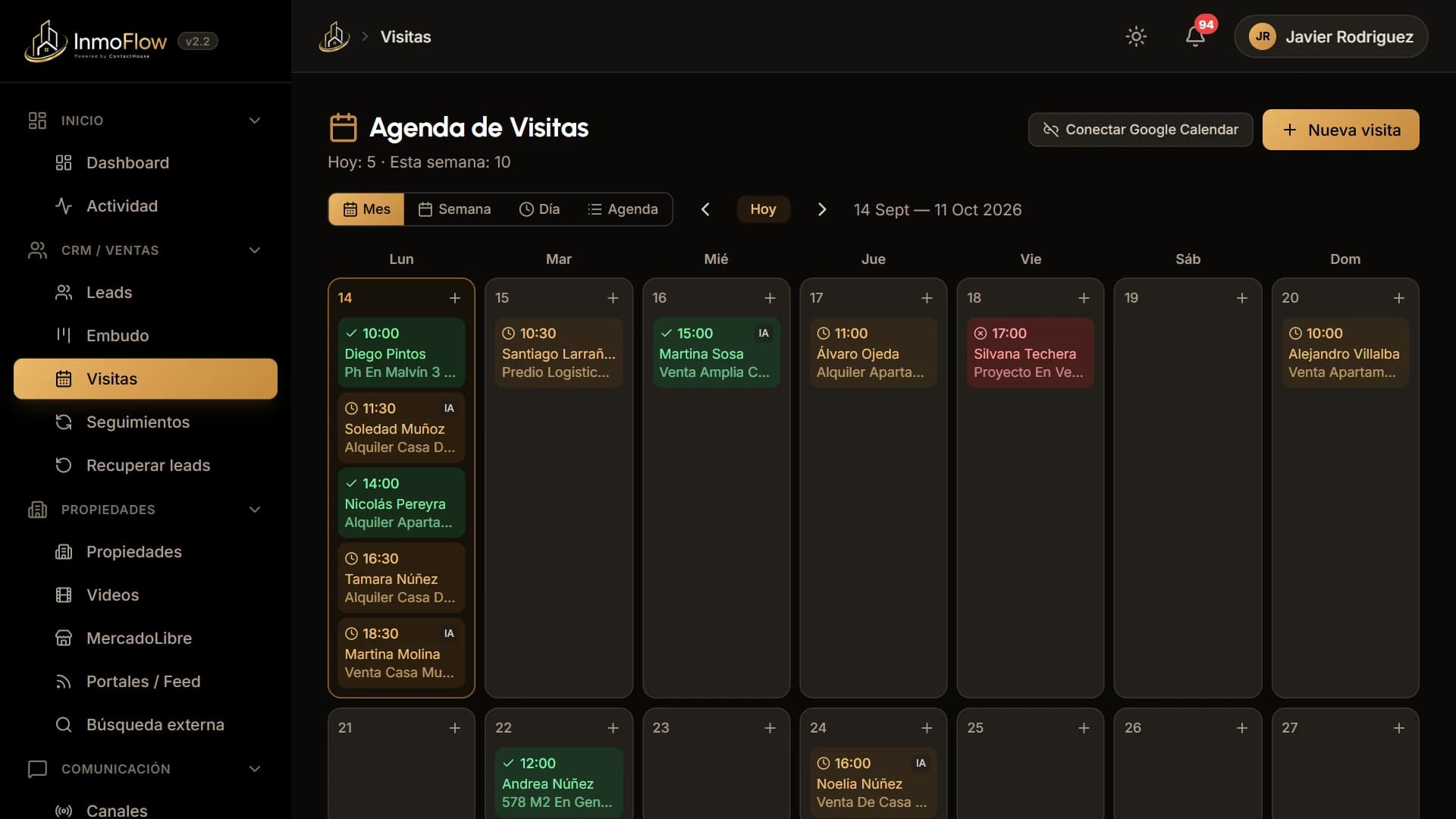Calendario de visitas del mes en InmoFlow