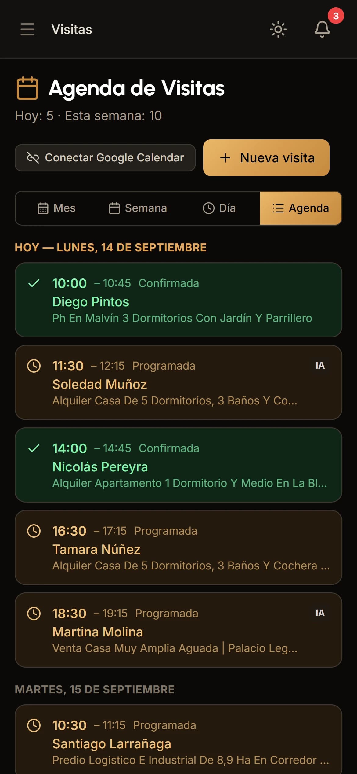 Agenda de visitas del día, vista desde el celular